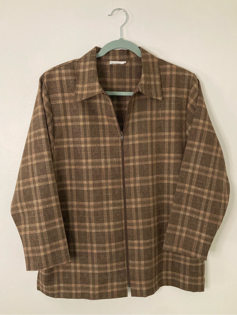 Vintage Brown Tan Plaid Zip-Up Lightweight Jacket - Dark Academia